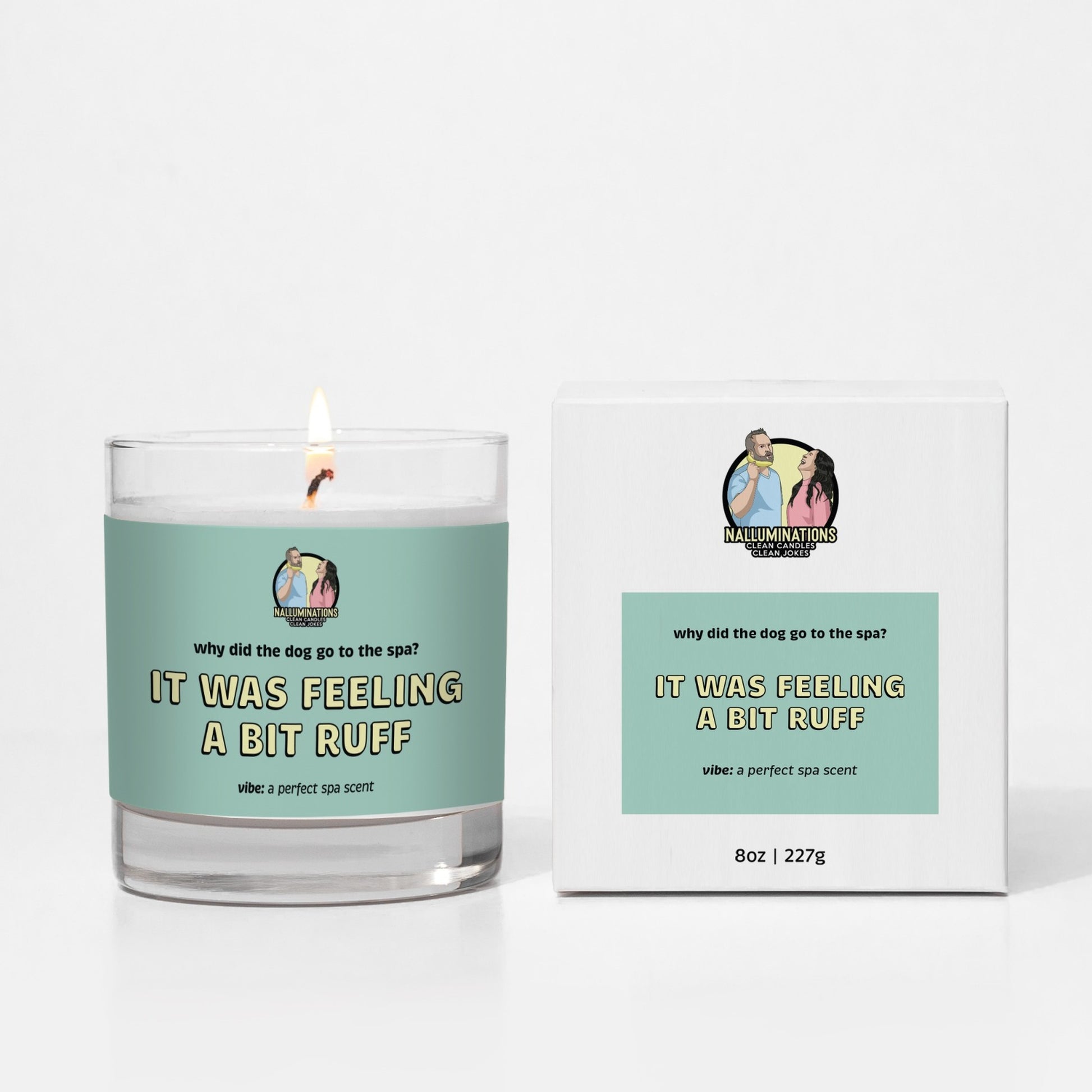 Ruff Day – spa-inspired funny coconut soy candle with white tea and thyme shown lit in 8oz clear glass jar with seafoam green label and matching box packaging, photographed on white background.