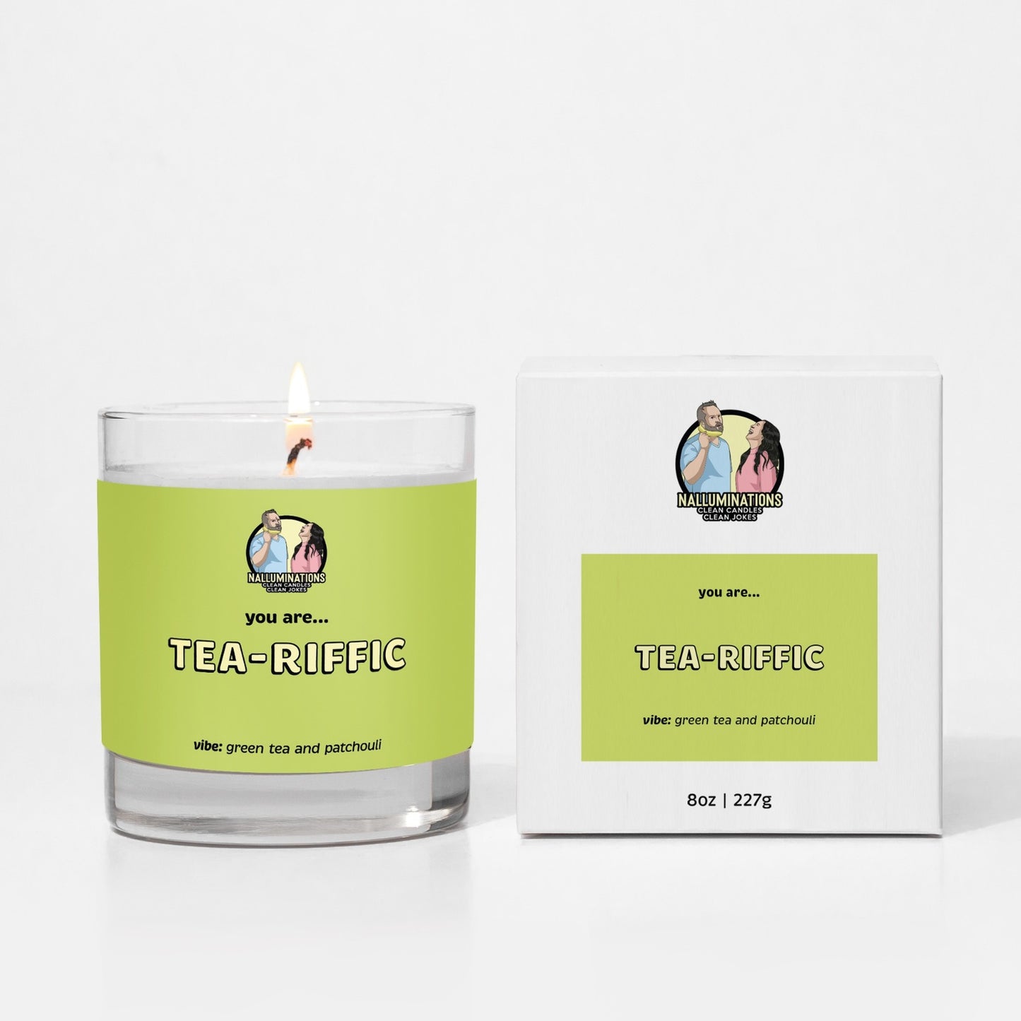 8oz coconut soy candle in a clear glass jar with a bright lime green label that reads “You are… Tea-Riffic.” The scent vibe is green tea and patchouli. The candle is lit and displayed next to a matching white box with the same label design.