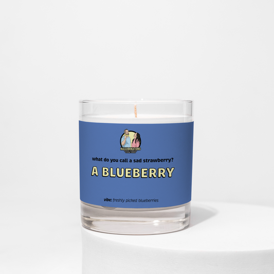 A Blueberry – blueberry scented funny coconut soy candle in 8oz clear glass jar with navy label, photographed on white background.