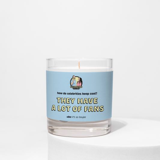 It’s So Boujee – honey, sandalwood, and musk scented funny coconut soy candle in 8oz clear glass jar with light blue label, photographed on white background.