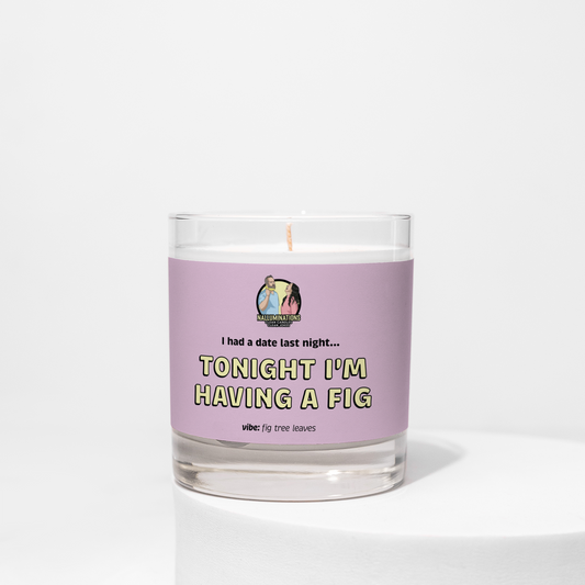 It’s a Fig Deal – fig scented funny coconut soy candle in 8oz clear glass jar with purple label, photographed on white background.