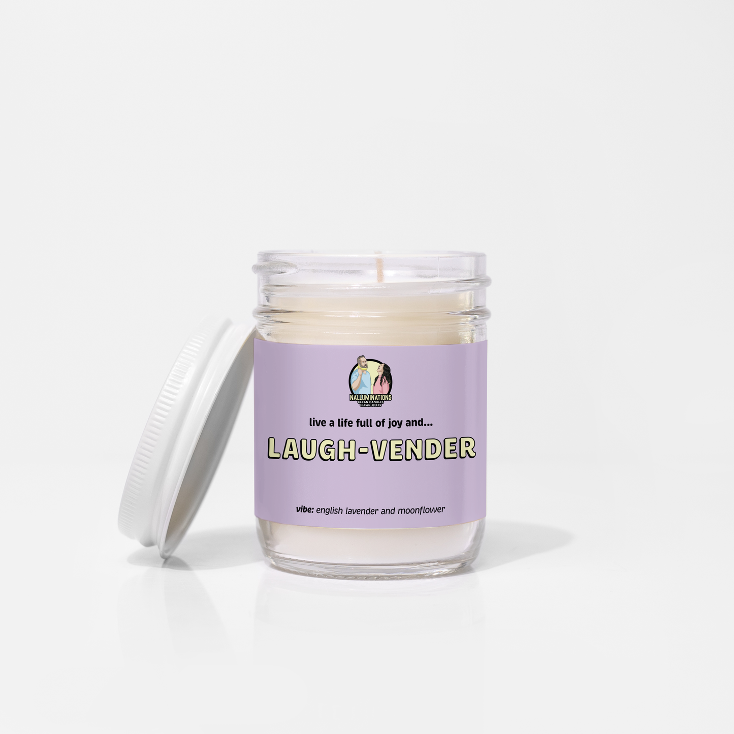 Laugh-vender – lavender and moonflower scented funny coconut soy candle in 6.5oz clear glass jar with white lid and lavender label, photographed on white background.
