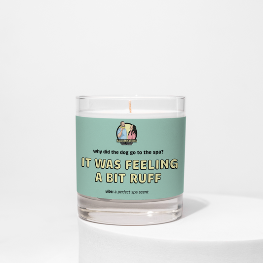 Ruff Day – spa-inspired funny coconut soy candle with white tea and thyme in 8oz clear glass jar with seafoam green label, photographed on white background.