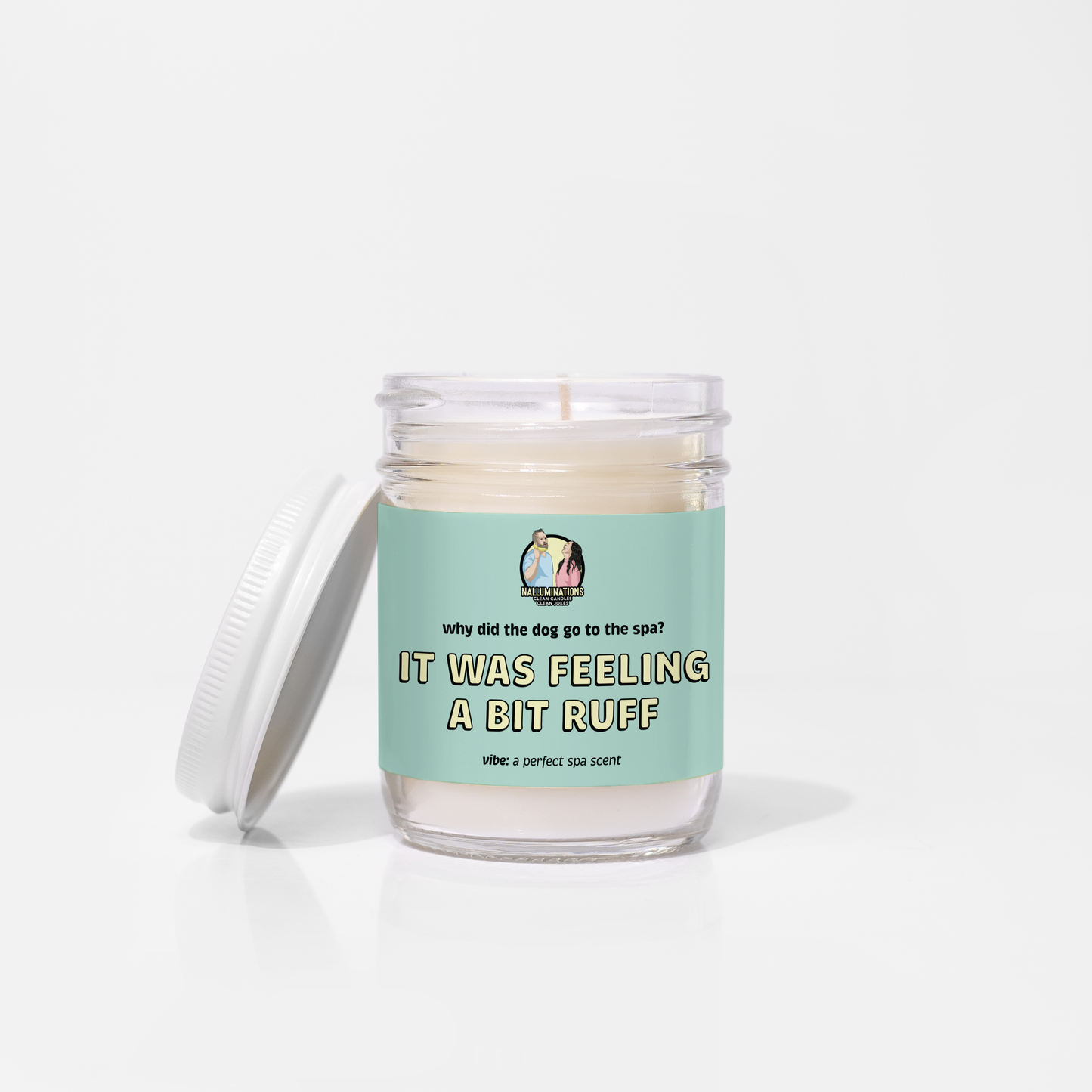 Ruff Day – spa-inspired funny coconut soy candle with white tea and thyme in 6.5oz clear glass jar with white lid and seafoam green label, photographed on white background.