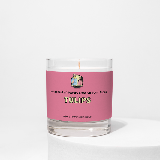 Tulips – flower shop scented funny coconut soy candle in 8oz clear glass jar with pink label, photographed on white background.